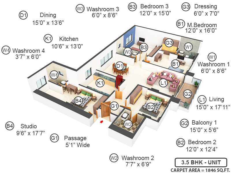 3DFloorPlan of Kalpataru Avana