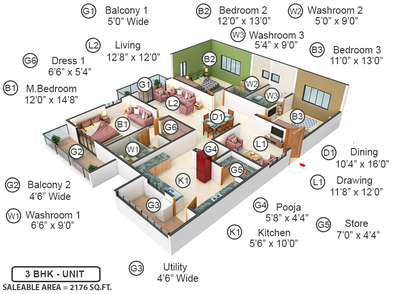 3DFloorPlan of Bricks Skywoods