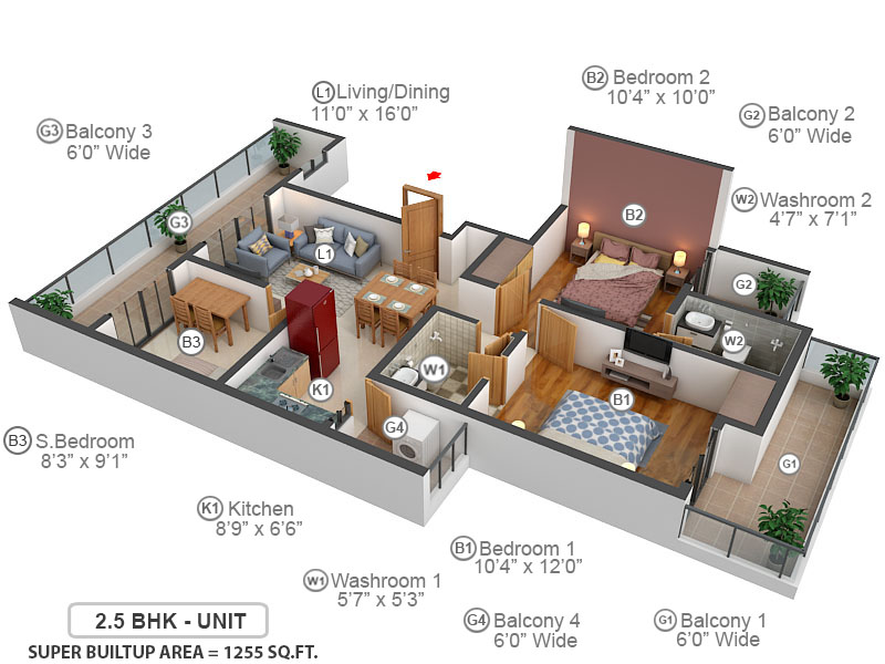 3DFloorPlan of Central Cerise Floors