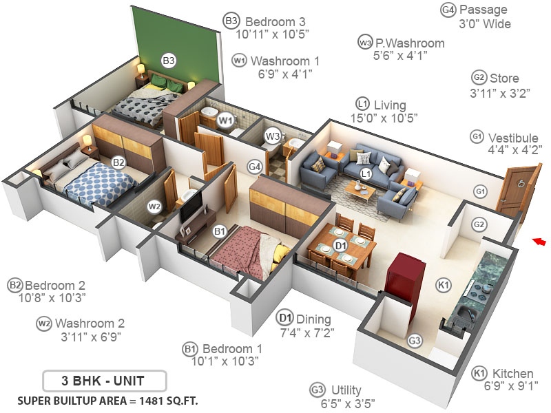 3DFloorPlan of Mayur Naranbhai Patel Aadi Siddhi Residency