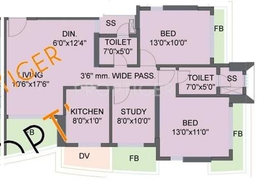 Radius Viceroy Park (2BHK+2T (958 sq ft)   Study Room 958 sq ft)