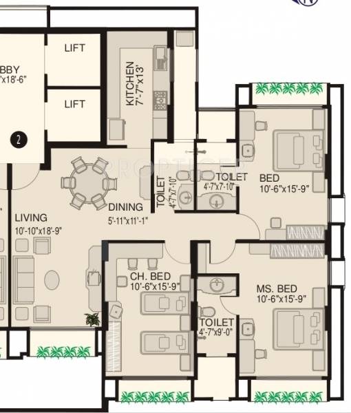 PR Builders Lido Towers Floor Plan (3BHK+3T)