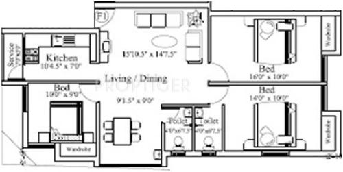 Shriram Hridhaya (3BHK+2T (1,188 sq ft) 1188 sq ft)