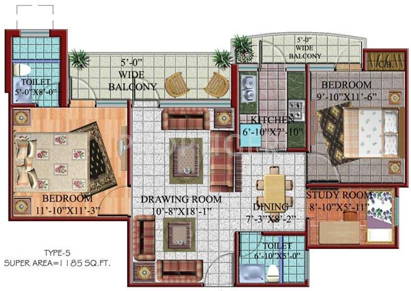 Shriram Shri Ram Heights (2BHK+2T (1,185 sq ft)   Study Room 1185 sq ft)