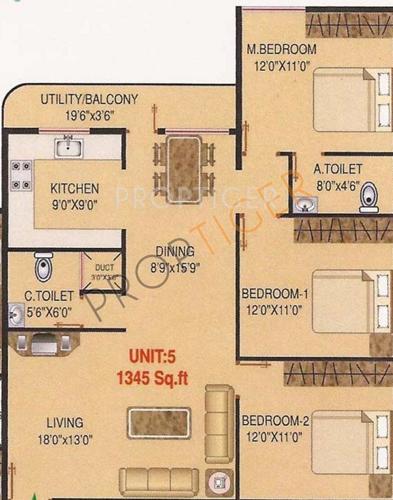 i1 Siri Indus (3BHK+2T (1,345 sq ft) 1345 sq ft)