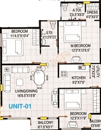 Floor Plan (3BHK+2T) Nishitas Siri Heights Floor Plan (3BHK+2T)