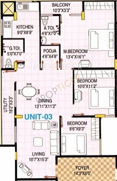Nishitas Siri Heights Floor Plan (3BHK+3T + Pooja Room)