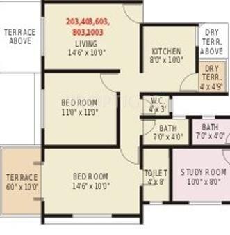 Goel Ganga Ganga Pavillion Phase II Floor Plan (2BHK+2T + Study Room)