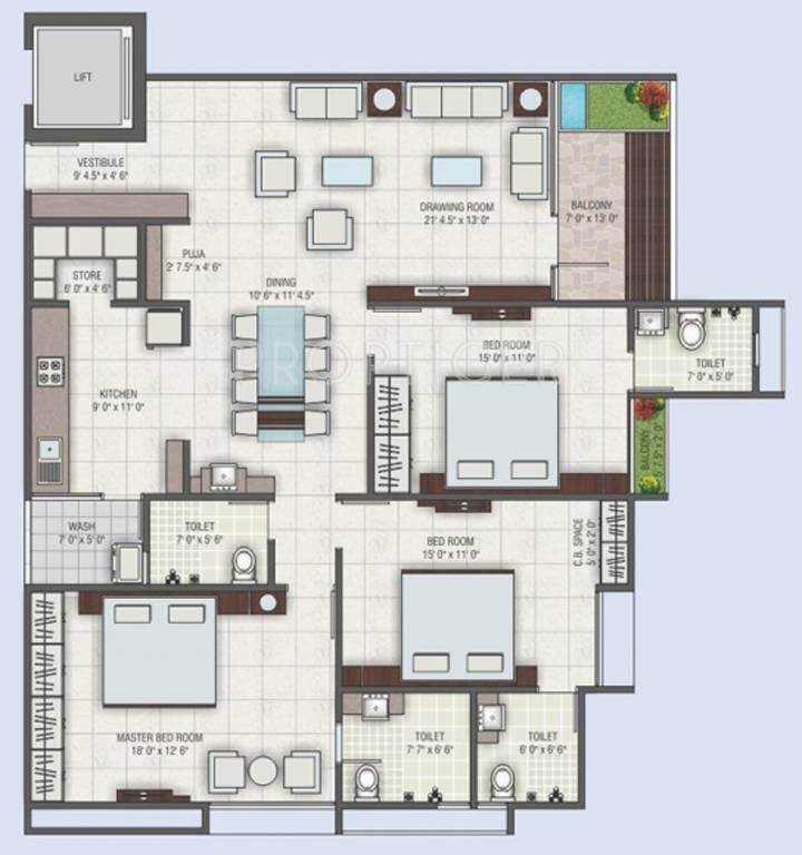 JP Iscon Riverside (3BHK+4T (2,435 sq ft)   Pooja Room 2435 sq ft)