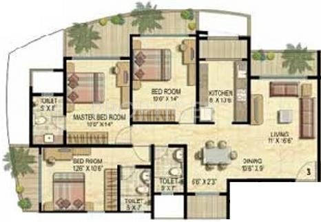 Ekta World Imperial Residency Floor Plan (3BHK+3T)
