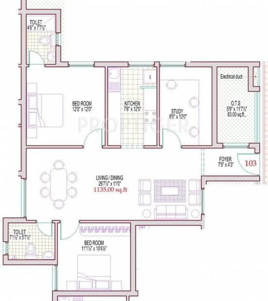 Harmony Bluemoon (2BHK+2T (1,135 sq ft)   Study Room 1135 sq ft)