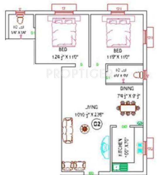 Perfect Builders Pearl Floor Plan (2BHK+2T)