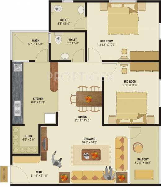 Krishna Developer Sun Residency Floor Plan (2BHK+2T)