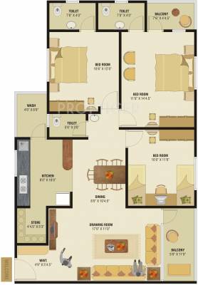 Krishna Developer Sun Residency Floor Plan (3BHK+3T)