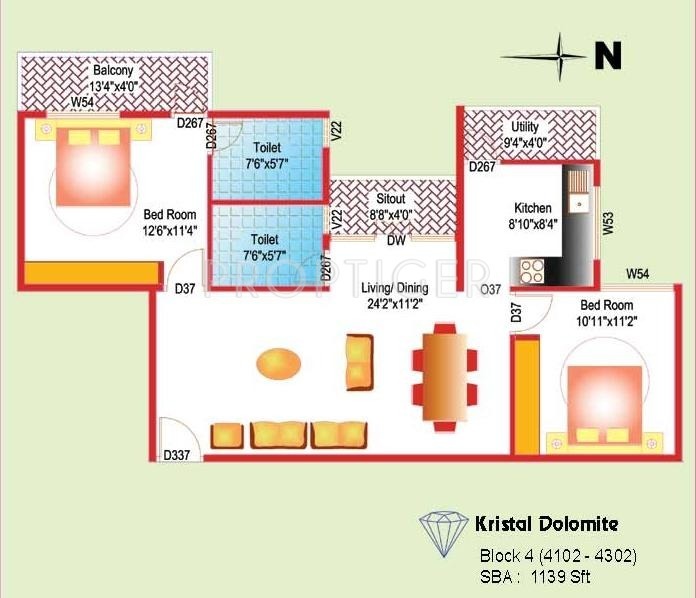 Kristal Dolomite (2BHK+2T (1,139 sq ft) 1139 sq ft)