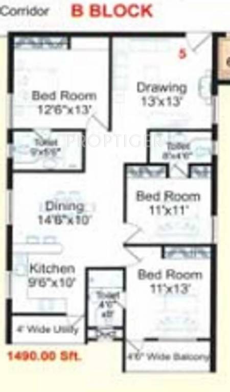 Pavani Parkwest (3BHK+3T (1,490 sq ft) 1490 sq ft)