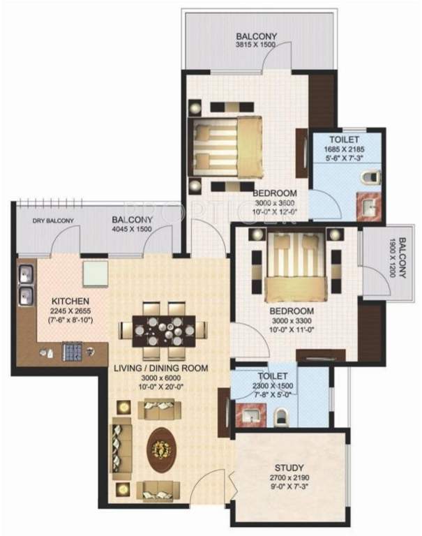 Aims Green Avenue (2BHK+2T (1,150 sq ft) + Study Room 1150 sq ft)