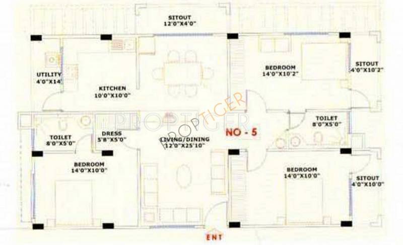 AR Bhadra Apartments Floor Plan (3BHK+3T)