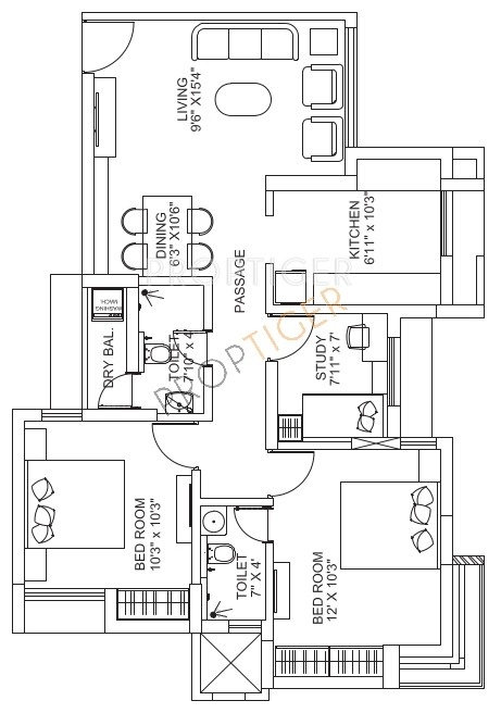 Runwal Garden City (2BHK+2T (1,175 sq ft) + Study Room 1175 sq ft)