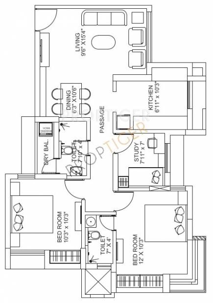Runwal Garden City (2BHK+2T (1,175 sq ft) + Study Room 1175 sq ft)