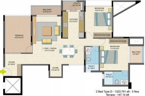 1323 Sq Ft 2 Bhk Floor Plan Image Nitesh Estates Caesars Palace