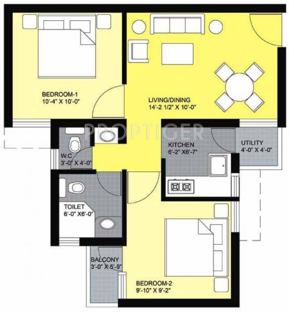  700  sq  ft  2 BHK  Floor Plan  Image Unitech Unihomes 