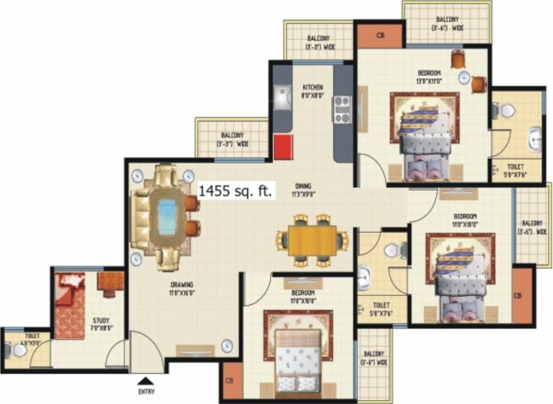 Amrapali Princely Estate (3BHK+3T (1,455 sq ft) + Study Room 1455 sq ft)