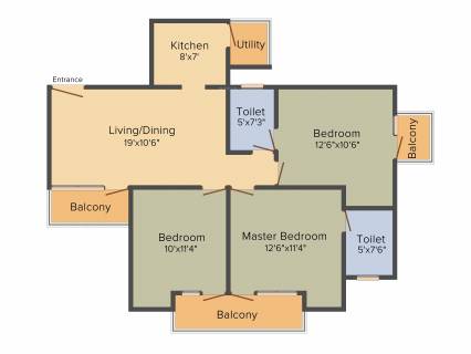 1320 sq ft 3 BHK Floor Plan Image - Nimbus The Hyde Park