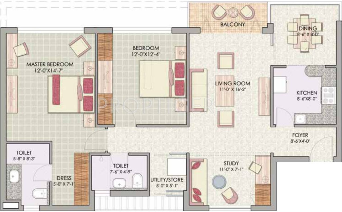 Jaypee Pavilion Heights (2BHK+2T (1,240 sq ft) Study Room 1240 sq ft)