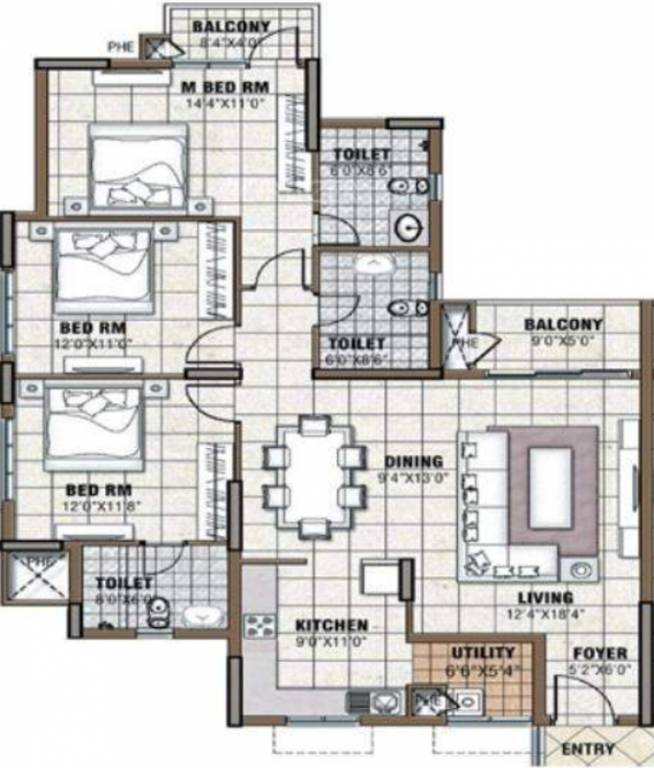 Prestige Tranquility (3BHK+3T (1,636 sq ft) 1636 sq ft)