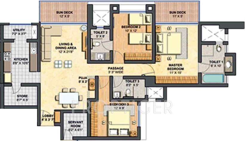 Lodha Primero (3BHK+3T (1,728 sq ft) Servant Room 1728 sq ft)