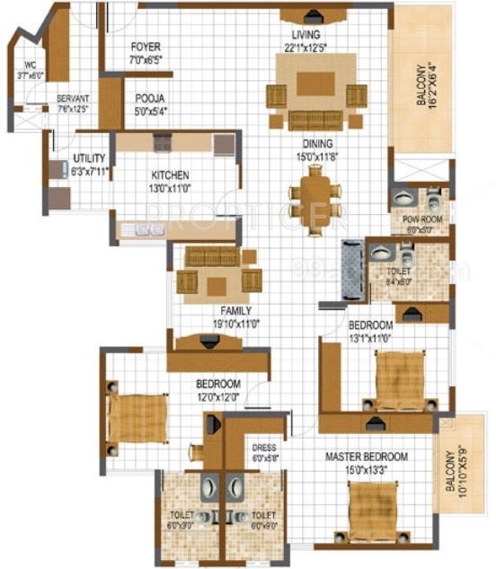 Prestige South Ridge (3BHK+3T (2,589 sq ft) + Servant Room 2589 sq ft)