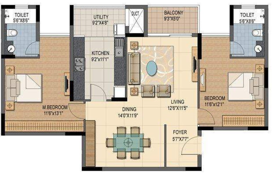 Prestige Sunnyside (2BHK+2T (1,370 sq ft) 1370 sq ft)