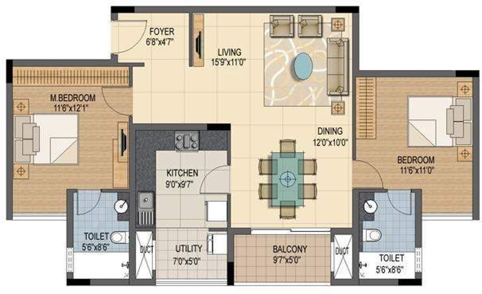 Prestige Sunnyside (2BHK+2T (1,311 sq ft) 1311 sq ft)