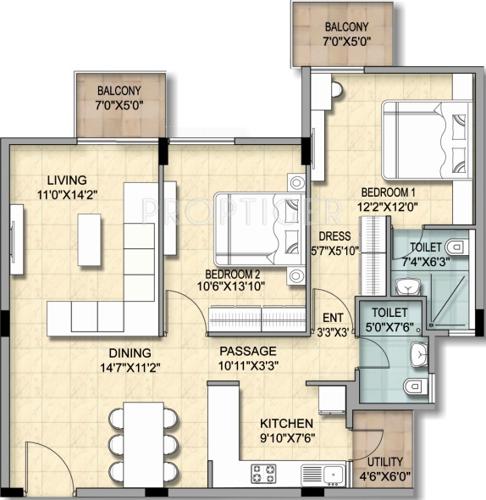 Bren Trillium (2BHK+2T (1,195 sq ft) 1195 sq ft)