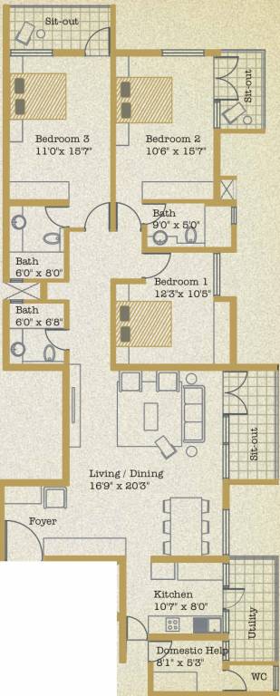 Spectra Floris Floor Plan (3BHK+3T (1,850 sq ft)   Servant Room 1850 sq ft)