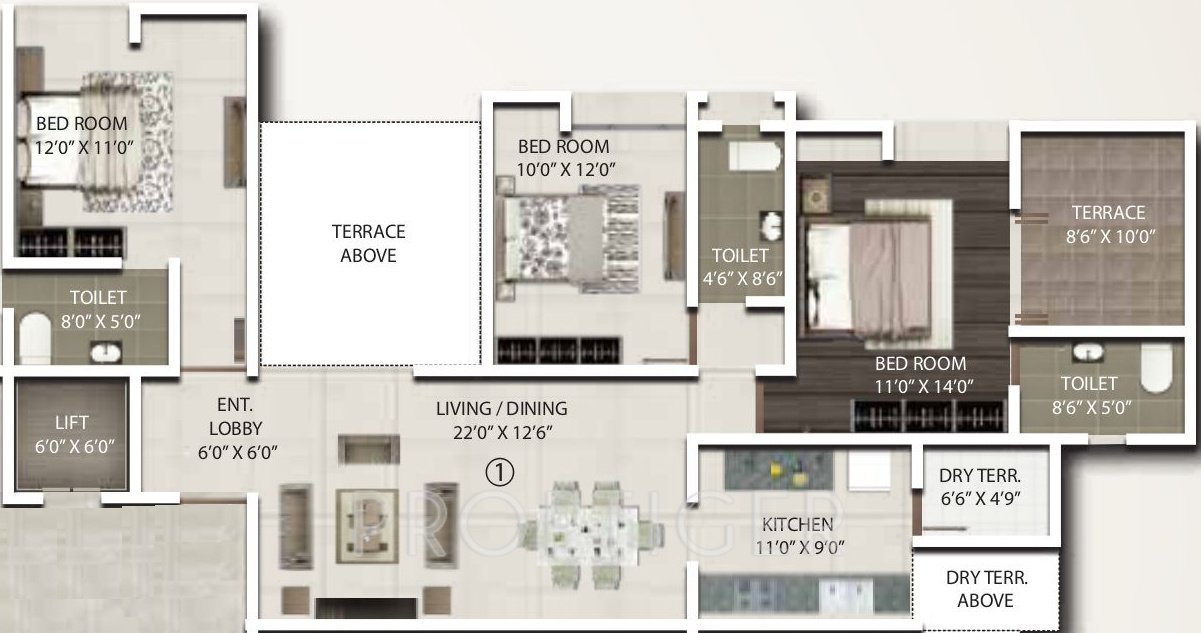 Gini Viviana (2BHK+2T (1,480 sq ft) + Study Room 1480 sq ft)