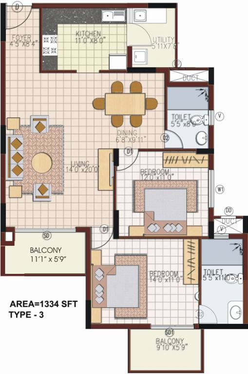 NCC Nagarjuna Meadows (2BHK+2T (1,334 sq ft) 1334 sq ft)