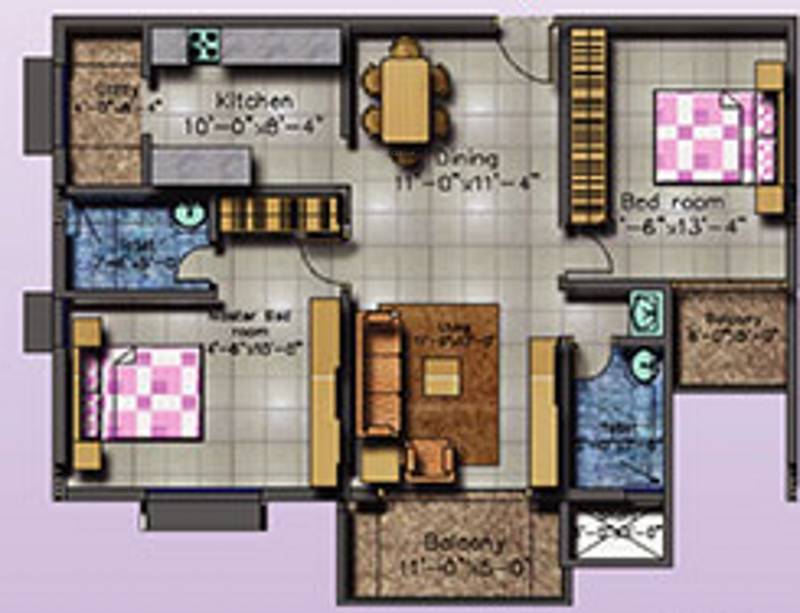 Prithvi Homes Thirumala Blossoms Floor Plan (2BHK+2T (1,190 sq ft) 1190 sq ft)