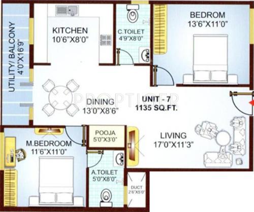 Ajanta Arathi Nest Floor Plan (2BHK+2T (1,135 sq ft)   Pooja Room 1135 sq ft)