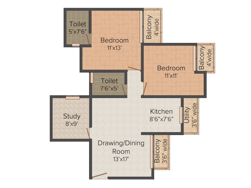 Prateek Wisteria (2BHK+2T (1,135 sq ft) + Study Room 1135 sq ft)