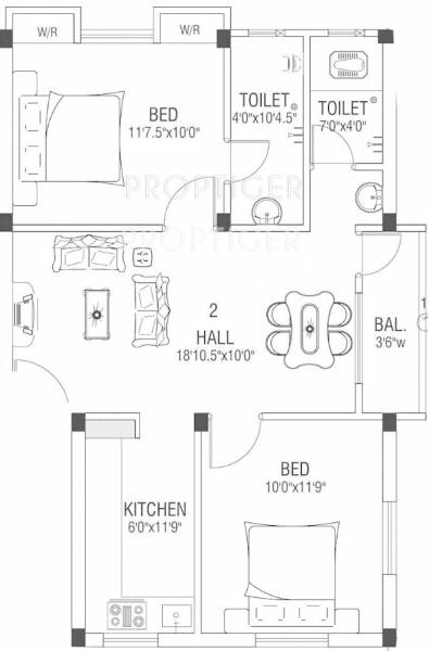 AJ Sunshine (2BHK+2T (940 sq ft) 940 sq ft)