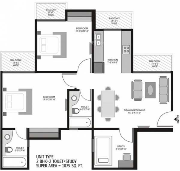 Ajnara Homes121 (2BHK+2T (1,075 sq ft) + Study Room 1075 sq ft)