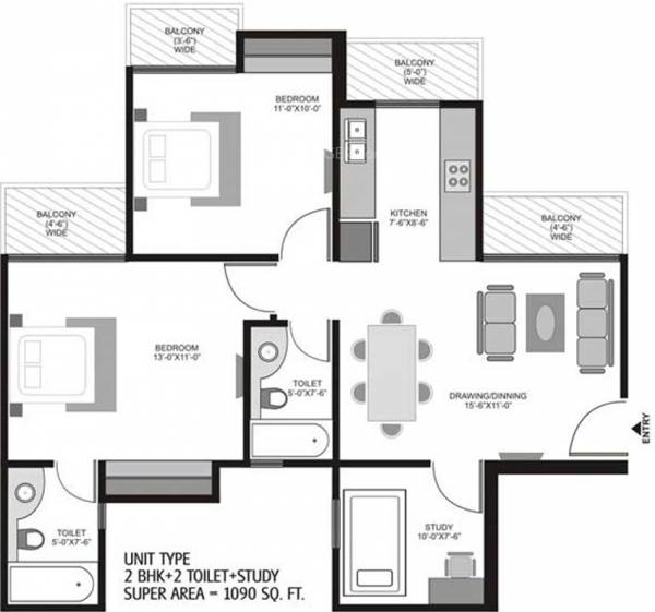 Ajnara Homes121 (2BHK+2T (1,090 sq ft) + Study Room 1090 sq ft)