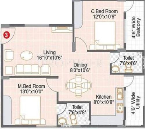 Ushodaya Raaga (2BHK+2T (950 sq ft) 950 sq ft)