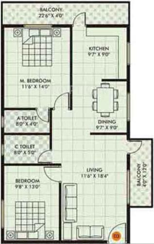 Blue Stone White Orchid (2BHK+2T (1,190 sq ft) 1190 sq ft)