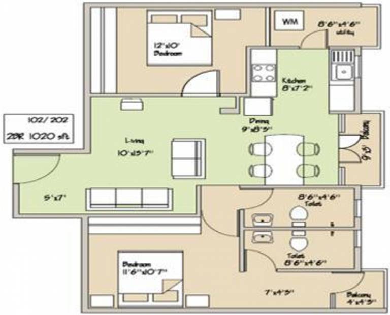 Prime AssetSource Kanksha Ascent Floor Plan (2BHK+2T (1,020 sq ft) 1020 sq ft)