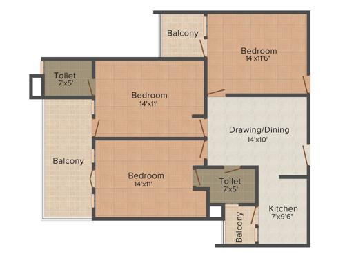 SBP Southcity (3BHK+2T (1,510 sq ft) 1510 sq ft)