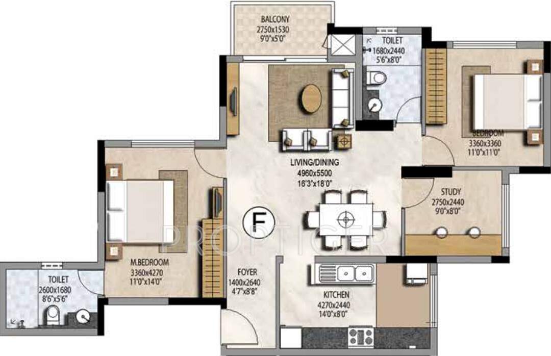 Prestige Misty Waters (2BHK+2T (1,299 sq ft) + Study Room 1299 sq ft)