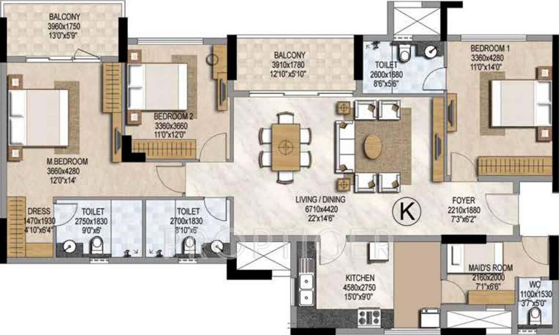 Prestige Misty Waters (3BHK+3T (1,991 sq ft) + Servant Room 1991 sq ft)